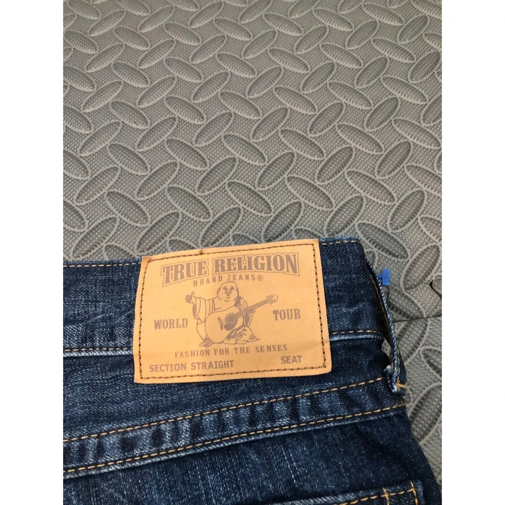 True Religion Straight Jeans Mens 34 Dark Wash Faded Denim World Tour